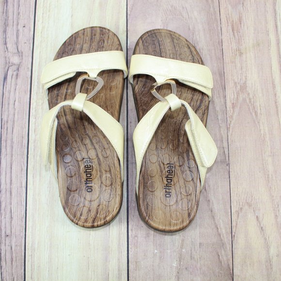 Orthaheel Vionic Layla II Pale Yellow Leather Strappy Slide Sandal Size 8 / 39 - Picture 6 of 9